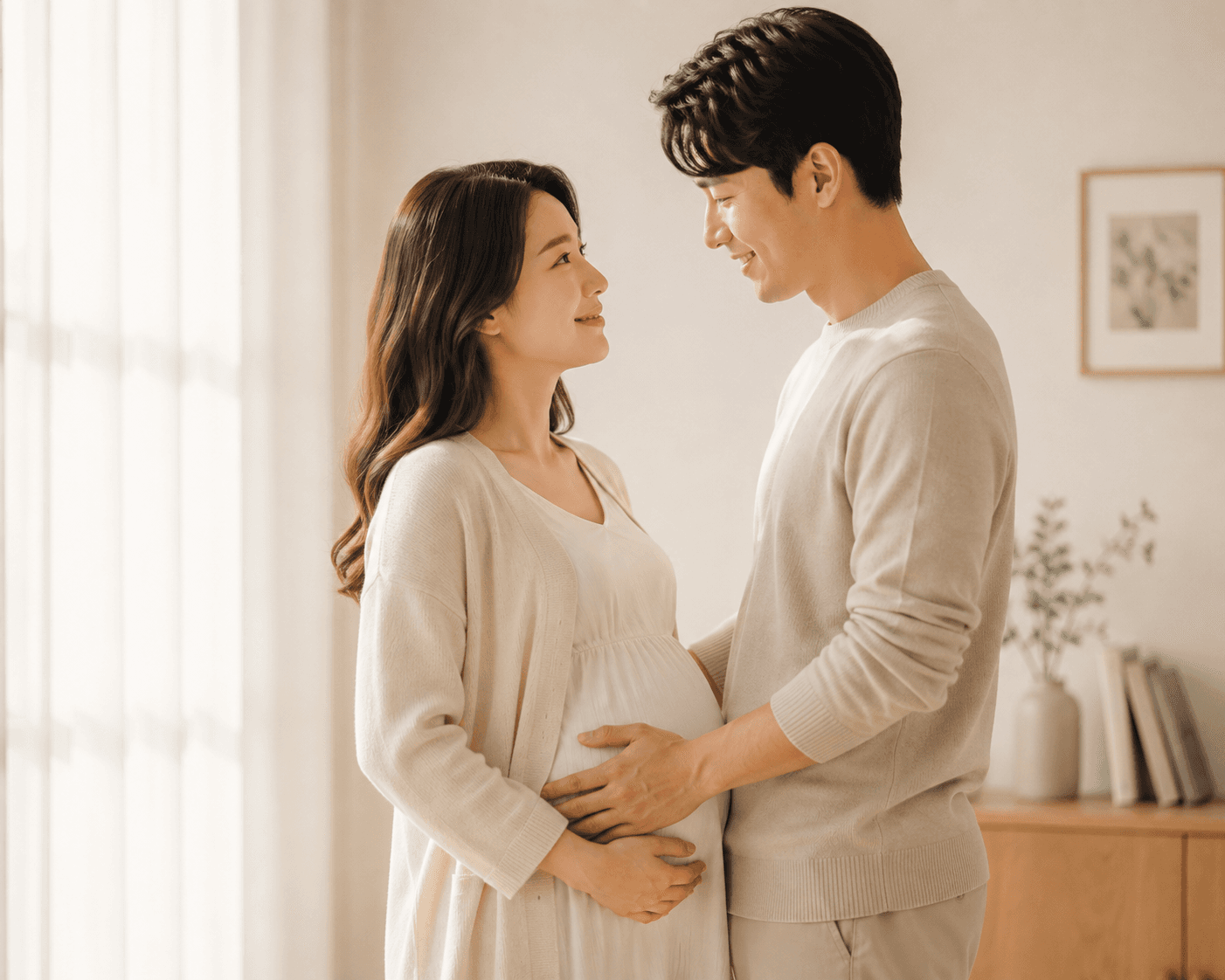 새로운 가족을 준비하며 마주보는 부부